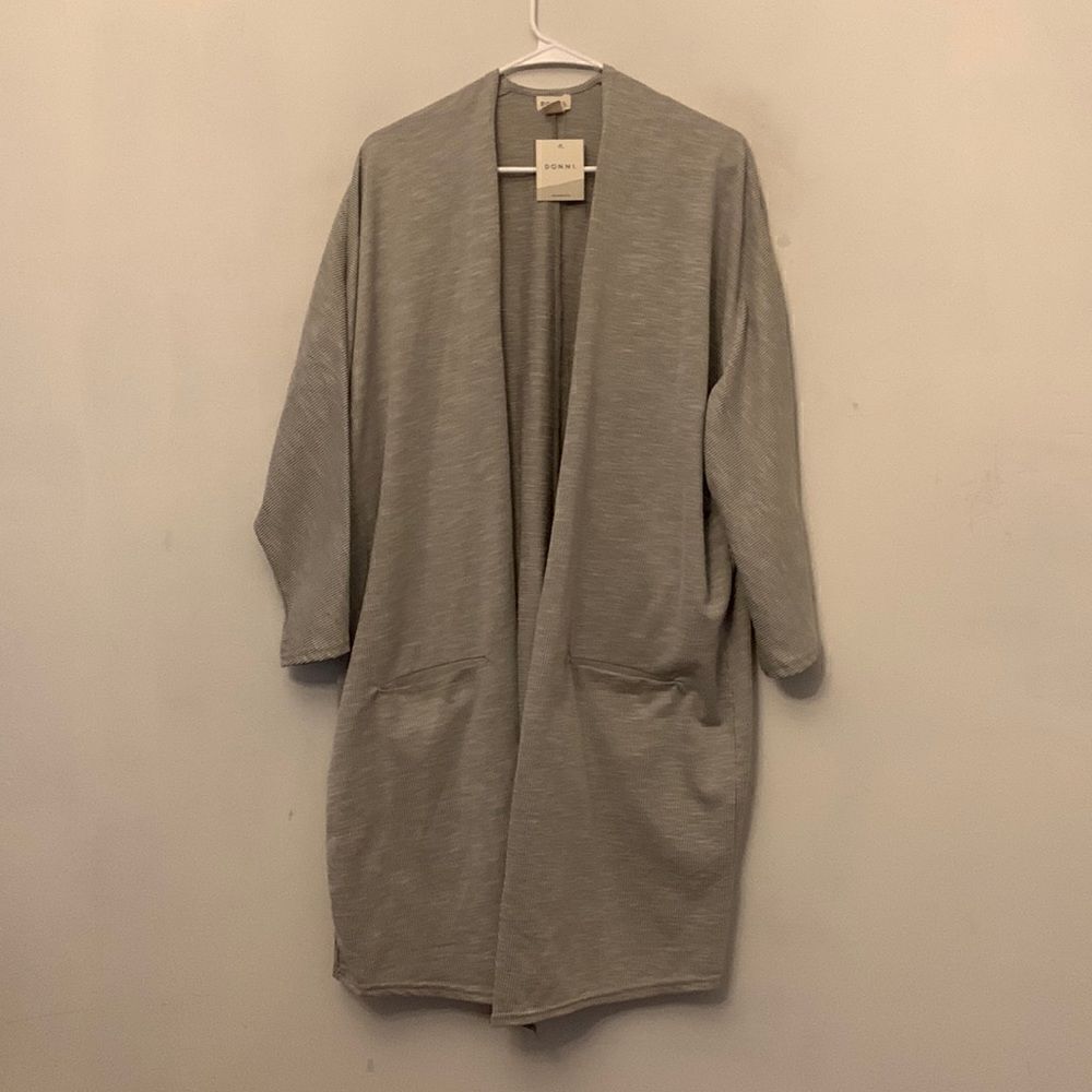 DONNI sage white striped front pocket long open cardigan Size OSFA Plus NWT - Picture 1 of 9